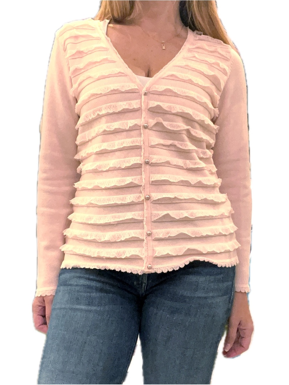 Escada pink scalloped fringe sweater